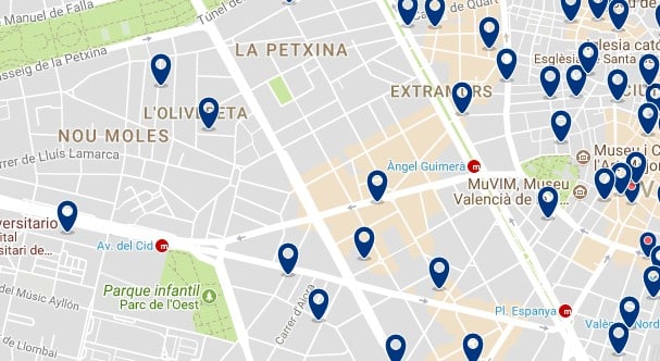 Alojamiento en Extramurs - Clica sobre el mapa para ver todo el alojamiento en esta zona