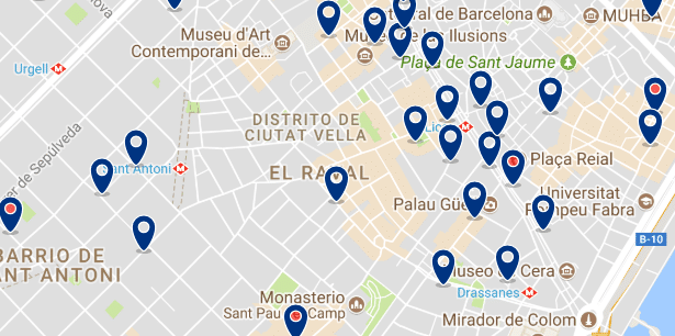Alojamiento en El Raval - Clica sobre el mapa para ver todo el alojamiento en esta zona