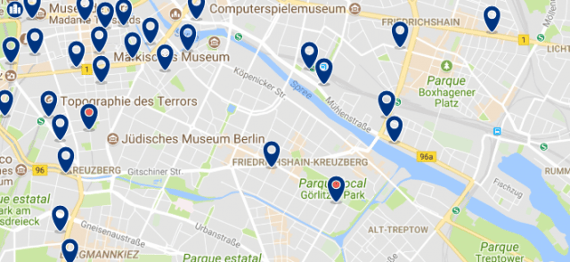 Alojamiento en Friedrichshain-Kreuzberg - Clica sobre el mapa para ver todo el alojamiento en esta zona