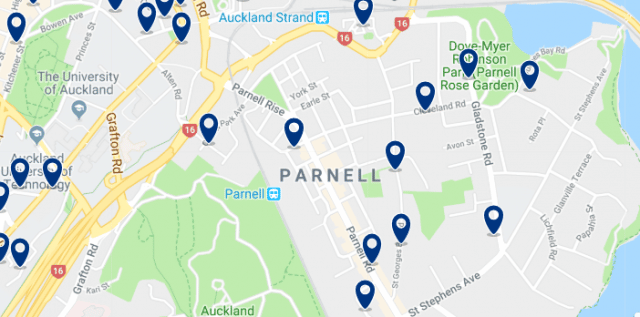 Alojamiento en Parnell - Clica sobre el mapa para ver todo el alojamiento en esta zona