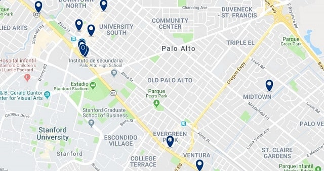 Accommodation in Palo Alto - Click on the map to see all available accommodation in this area