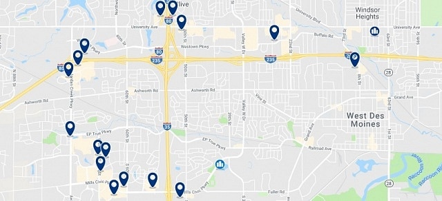 Accommodation in West Des Moines - Click on the map to see all available accommodation in this area
