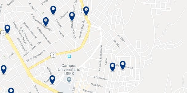 Accommodation near Sucre's bus station - Click on the map to see all available accommodation in this area