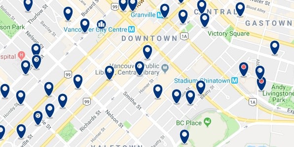 Accommodation in Downtown Vancouver - Click on the map too see all available accommodation in this area