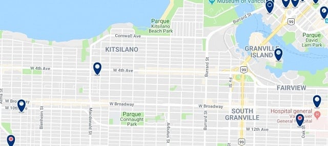 Accommodation in Kitsilano - Click on the map too see all available accommodation in this area