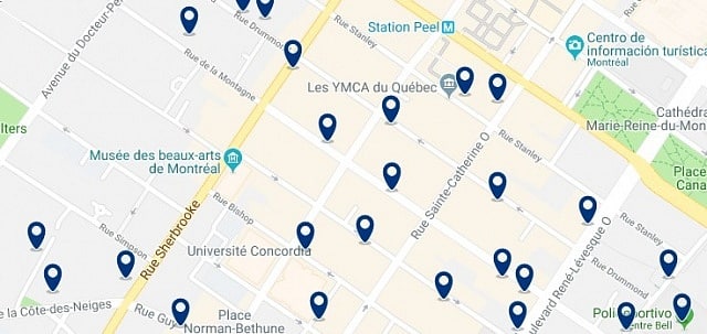 Accommodation in Downtown Montreal - Click on the map to see all accommodation in this area 