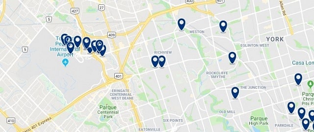Alojamiento cerca del Aeropuerto Internacional de Toronto - Clica sobre el mapa para ver todo el alojamiento en esta zona