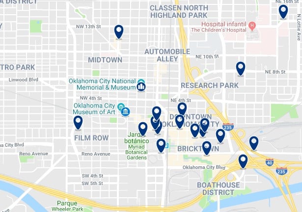 Accommodation in Downtown Oklahoma City - Click on the map to see all available accommodation in this area