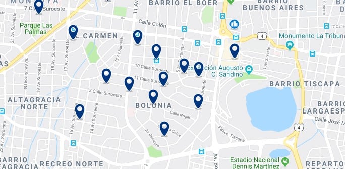 Accommodation in Bolonia, Managua - Click on the map to see all accommodation in this area