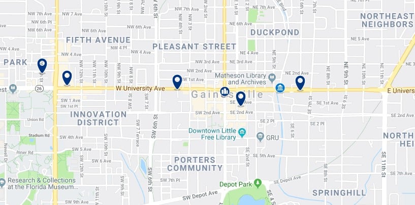 Accommodation in Downtown Gainesville - Click on the map to see all available accommodation in this area