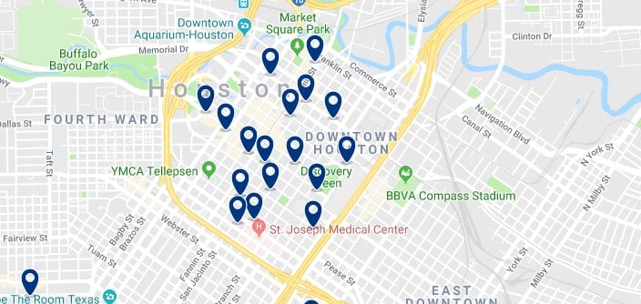 Accommodation in Downtown Houston - Click on the map to see all available accommodation in this area