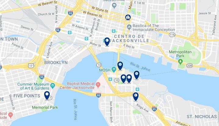 Accommodation in Downtown Jacksonville - Click on the map to see all available accommodation in this area