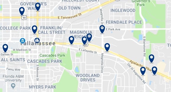 Accommodation in Downtown Tallahassee - Click on the map to see all available accommodation in this area