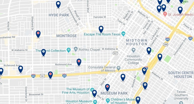 Accommodation in Houston's Midtown - Click on the map to see all available accommodation in this area