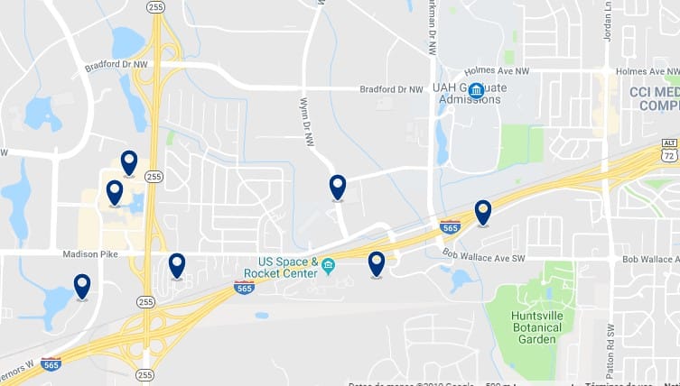 Accommodation near the University of Alabama and the U.S. Space & Rocket Center - Click on the map to see all available accommodation in this area