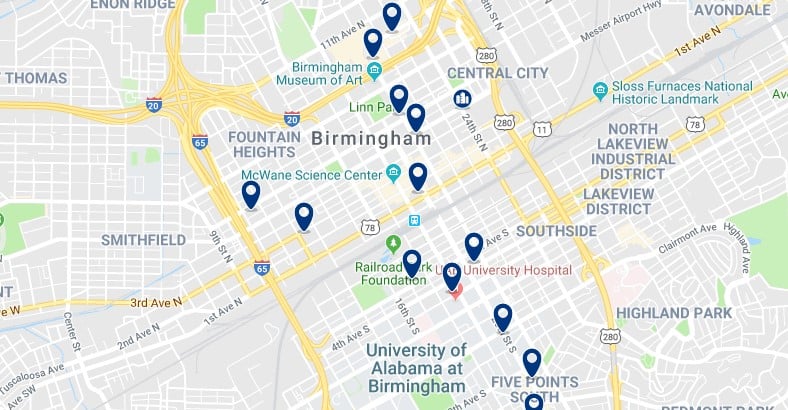 Accommodation in Downtown Birmingham - Click on the map to see all available accommodation in this area