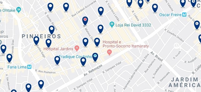 Alojamiento en Pinheiros - Clica sobre el mapa para ver todo el alojamiento en esta zona