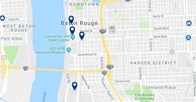 Accommodation in Downtown Baton Rouge - Click on the map to see all available accommodation in this area