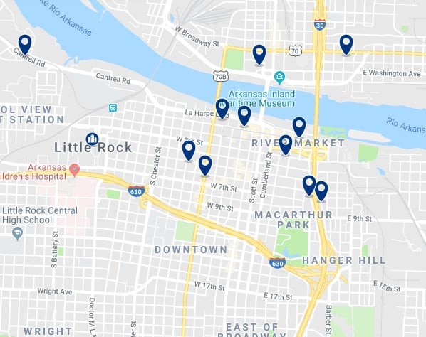 Accommodation in Downtown Little Rock - Click on the map to see all available accommodation in this area