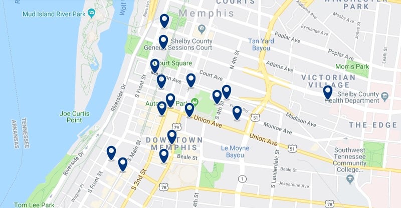 Accommodation in Downtown Memphis - Click on the map to see all accommodation in this area