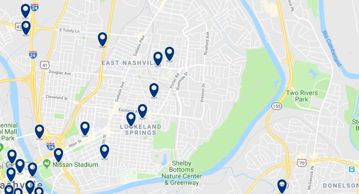 Accommodation in East Nashville - Click on the map to see all accommodation in this area