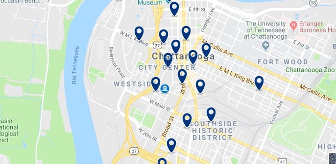 Accommodation in Chattanooga City Center - Click on the map to see all accommodation in this area