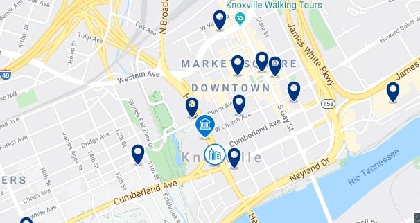 Alojamiento en Downtown Knoxville - Clica sobre el mapa para ver todo el alojamiento en esta zona