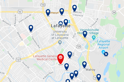 Accommodation in Downtown Lafayette - Click on the map to see all accommodation in this area