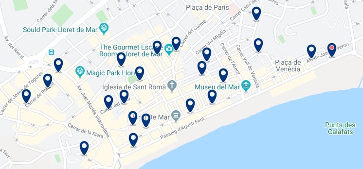 Alojamiento en el centro de Lloret de Mar - Clica sobre el mapa para ver todo el alojamiento en esta zona