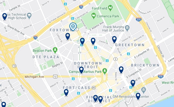 Alojamiento en Downtown Detroit - Clica sobre el mapa para ver todo el alojamiento en esta zona
