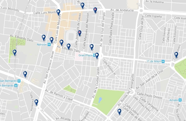 Accommodation in Seville – Nervión – Click on the map to see all available accommodation in this area