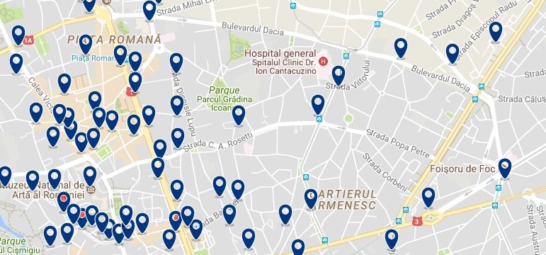 Accommodation in Bucharest – Boulevard Dacia and Piata Romana – Click on the map to see all available accommodation in this area