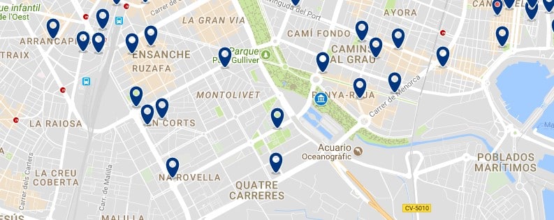 Alojamiento cerca de la Ciudad de las Artes y las Ciencias - Clica sobre el mapa para ver todo el alojamiento en esta zona