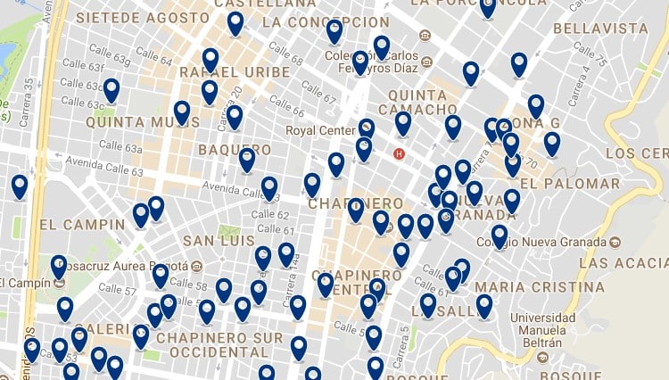 Alojamiento en Chapinero - Clica sobre el mapa para ver todo el alojamiento en esta zona