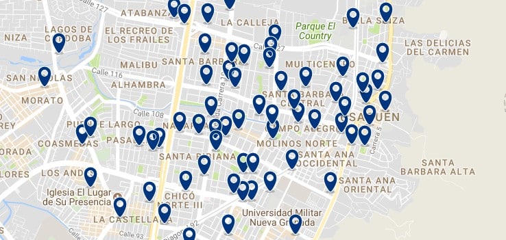 Accommodation in Unsaquén & Chicó - Click on the map to see all available accommodation in this area