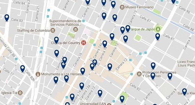 Alojamiento en Zona T - Clica sobre el mapa para ver todo el alojamiento en esta zona