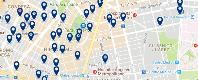 Dónde dormir en Ciudad de México - Condesa - Clica sobre el mapa para ver todo el alojamiento en esta zona