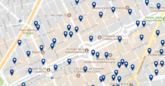 Mejores zonas para alojarse en Ciudad de México - Reforma - Clica sobre el mapa para ver todo el alojamiento en esta zona