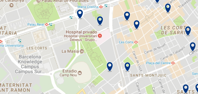 Alojamiento en Les Corts - Clica sobre el mapa para ver todo el alojamiento en esta zona