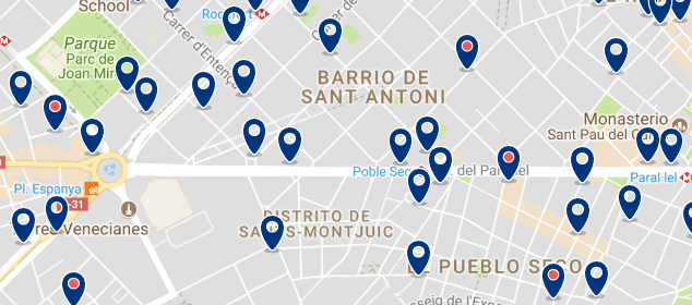 Alojamiento en Sants-Montjuïc - Clica sobre el mapa para ver todo el alojamiento en esta zona