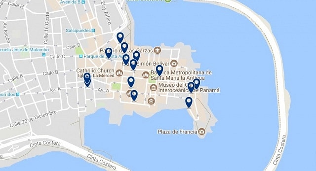 Accommodation in Panama City's Old Town - Click on the map to see all available accommodation in this area