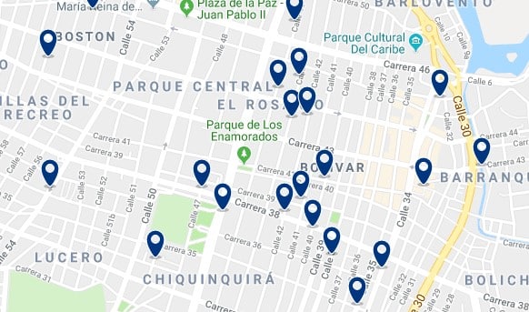 Accommodation in Barranquilla Centro - Click on the map to see all available accommodation