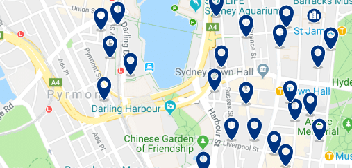 Alojamiento en Darling Harbour - Clica sobre el mapa para ver todo el alojamiento en esta zona