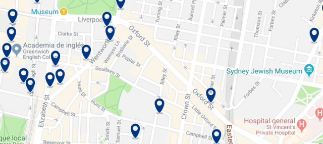 Alojamiento en Darlinghurst - Clica sobre el mapa para ver todo el alojamiento en esta zona