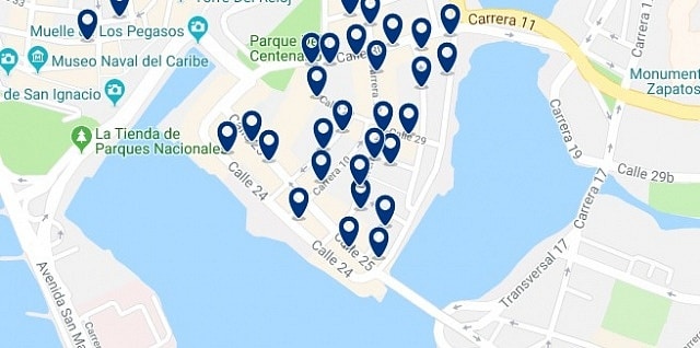 Accommodation in Getsemaní - Click on the map to see all available accommodation in this area