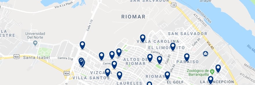 Accommodation in Barranquilla Riomar - Click on the map to see all available accommodation