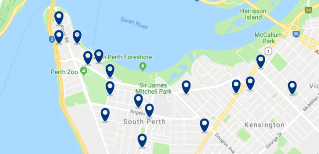 Alojamiento en South Perth - Clica sobre el mapa para ver todo el alojamiento en esta zona