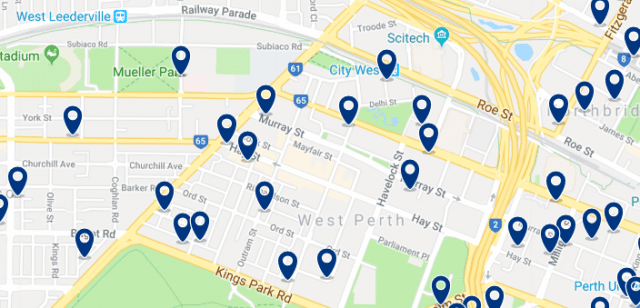Alojamiento en Subiaco & West Perth - Clica sobre el mapa para ver todo el alojamiento en esta zona