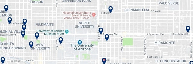 Accommodation near the University of Arizona - Click on the map to see all available accommodation in this area