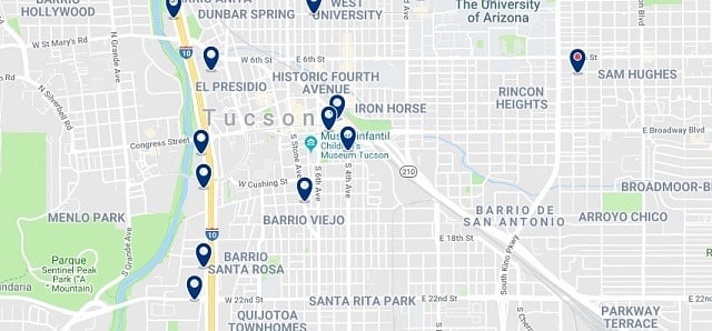 Accommodation in Downtown Tucson - Click on the map to see all available accommodation in this area